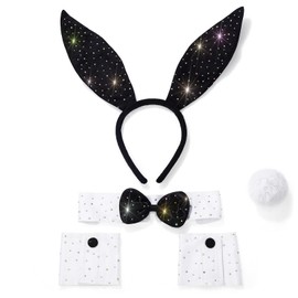 Bohend Rhinestone Bunny Costume Accessory Set with Black Ears Headband, White Cuffs, Bowtie and Tail (Colorful)