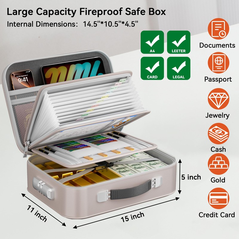 Fireproof Document Box, Hard Case Fireproof Box with Lock, Portable