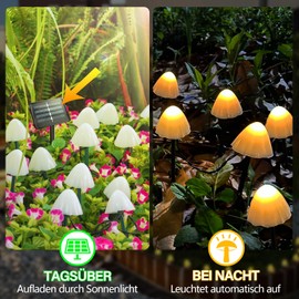 TOTHDATE Mini Solar Mushroom Lights, Warm White Light, 5 m 20 LEDs, Solar Mushroom Outdoor Garden Lights, Solar Stake Lights, Path Lighting, 8 Lighting Modes, IP44 Waterproof for Garden, Lawns,