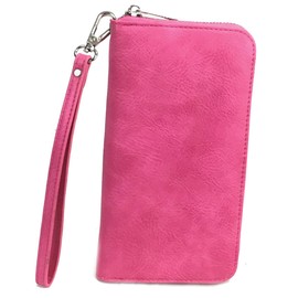 Faux Leather Wallet Zip Around clutch Passport Wallet with Check Book Holder Fuschia
