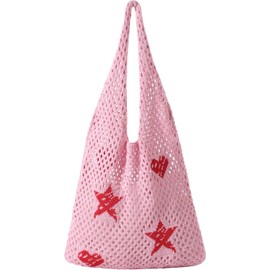 Premillow Crochet Beach Tote Bags, Stylish Mesh Beach Bags Shoulder Bag for Women, Cute Summer Vacation Aesthetic Boho Tote Bag, Pink