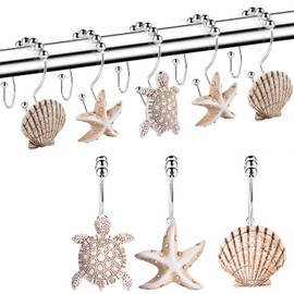 Double Shower Curtain Hooks,12Pcs Seashell Shower Curtain Hooks Double Shower Curtain Hooks Decorative Bathroom for Home Bathroom Bedroom Living Room
