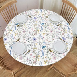 KiuLoam Spring Floral Round Tablecloth Blue Pink Wild Flowers Plant Print Table Cover with Elastic Edge Washable Fitted Table Cloth for Kitchen Patry Outdoor Decor Fits 45"-50", Medium