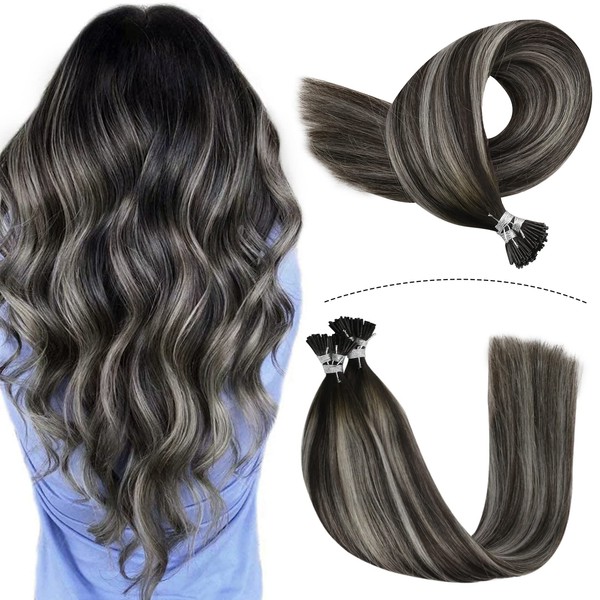 YoungSee I Tip Hair Extensions Silver 18 Inch Itip Hair Extensions Real Human Hair Black Ombre Black and Silver Itip Human Hair Extensions Black Human Hair Extensions Itip 60 Strands 50g