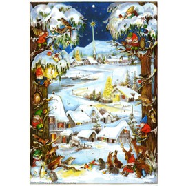 Advent Calendar 24 Doors 297 x 210 mm - Snowscene Trees Village in The Snow - with Glitter and Translucent Windows - RS66 - Traditional Antique German Design