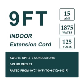 EP 9 Ft Heavy Duty Extension Cord Wire, 14 Gauge 3 Prong SPT-3 Extension Cord, 3 Pronged Cord for Air Conditioner Refrigerator and Major Appliances Indoor Use, Grey
