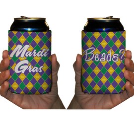 Mardi Gras Can Coolers - Mardi Gras Party Favors - Beer Can Coolers Beads? Plaid Design (6)