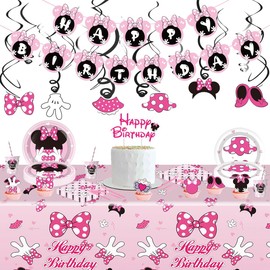 Pink Mouse Birthday Party Tableware Set Cute Pink Mouse Theme Party Decoration Supplies Include Banner,Hanging Swirls Decorations,Dinner Plates,Cups, Straw,Napkins, Cutlery Etc.