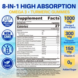 Vegan Omega-3 Gummies 1000mg + Turmeric - Omega 3 Fish Oil Alternative for Adults - Algae DHA 600mg & EPA 300mg, Vitamins A, C, E, Zinc & MSM, Sugar Free, 60 Cts