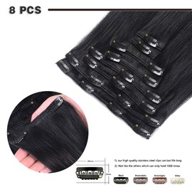 16" Remy Clip in Hair Extensions Human Hair Black for Women Fashion - Long Silky Straight 8pcs 20clips Real Hair Extensions Clip in Human Hair (16 inch 100g #1 Jet Black)