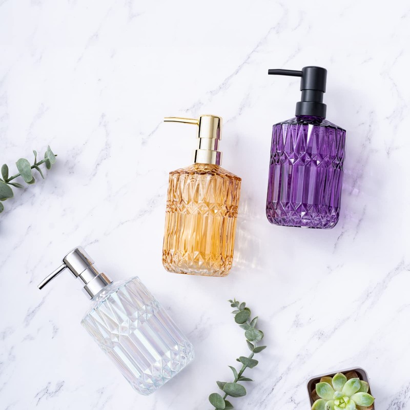 TISUZXCV Diamond Design 12 Oz Purple Glass Soap Dispenser,Refillable Lotion