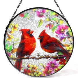 Cardinal Stained Glass Suncatcher for Windows – 7.8 Inch Hand-Painted Red Bird Window Hanging with Metal Chain – Memorial Gift for Women, Mom, Grandma, Bird Lovers Home Décor (Cardinal)