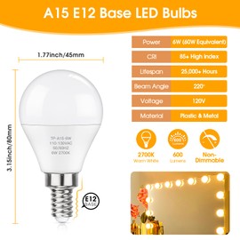 MAXvolador E12 LED 60W Equivalent Warm White 2700K Ceiling Fan Bulbs, 600LM CRI 85+ Small Base Candelabra Bulbs, 6W Non-Dimmable, Pack of 6