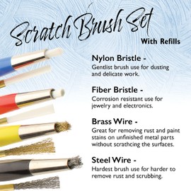 The Beadsmith Scratch Brush Set –Color Coded 4-Piece Pen Set – Steel Wire, Brass Wire, Fiber Bristle & Nylon Bristle – Replacement Brush Heads Included – Use to Remove Corrosion, Rust, Paint & More