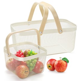 ZEAYEA 2 Pack Harvest Basket with Handle, Garden Baskets for Gathering Vegetables, Multi-functional Metal Mesh Fruit Basket, White Mesh Storage Basket for Picnic Kitchen Garden Cabinet Pantry Bathroom