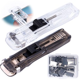 BEIQIYA 2pcs Binder Clips Dispenser, Plastic Push Stapler with Metal Refill Clips, Reusable Binder Paperclip Clamp for Home Office Document Supplies- Clear & Black