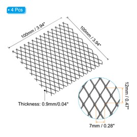 PATIKIL 4" L x 4" W Universal Car Grill Mesh, 4Pcs 7x12mm Diamond Hole Aluminum Mesh Expanded Perforated Metal Sheet for Ventilation Filtration Dryer Vent Guard Screen, Black