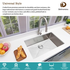 30 Inch Undermount Kitchen Sink - Delironexu 18 Gauge Stainless Steel Single Bowl Kitchen Sinks 30"x18"x9" Handmade Design with Brushed, Includes Drain Kit (No Additional Accessories)