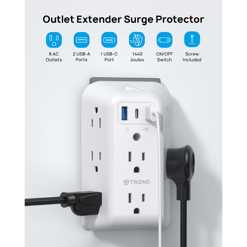TROND Outlet Extender with USB-C, 8AC Outlet Splitter 3 USB