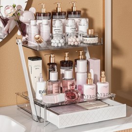 NEATORA Z-Shaped Bathroom Countertop Organizer – 2-Tier Vanity Organizer with Sliding Tray & Drawer for Skincare, Makeup & Perfume – Acrylic Storage for Dresser, Office or Desk