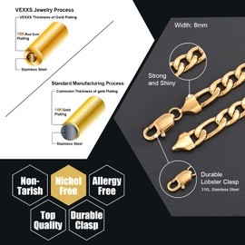 VEXXS Figaro Chain, 18K Real Gold Plated Figaro Cuban Link Chain for Men, Durable No Color Fading Figaro Gold Chain 6mm 8mm Men’s Gold Chain Necklace (8mm-18K Gold, 20 inches)