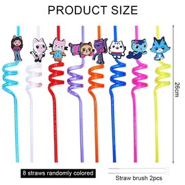 Children's Straws, Pack of 8 Drinking Straws, Colourful Plastic Straws, Reusable, Plastic Straws with Straw Brush as Party Accessories for Birthday Children (Girls and Cats)