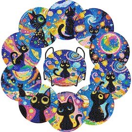 DOZEEZOP 10 PCS Diamond Art Coasters Kit, Cat Diamond Painting Coasters with Holder, Fall Diamond Art Kits for Adults Beginners, Arts and Crafts Supplies Black Astral Cat Animals