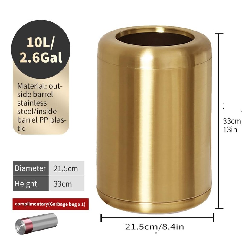 LEASYLIFE 10 L/2.6Gallon,Brass Trash can,Brushed Bathroom Trash Can, Gold Wastebaske