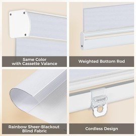 Allesin Zen Cordless Zebra Blinds for Windows,Free-Stop Roller Shades Dual Layer Home & Office,Blackout & Privacy for Day & Night,White, W34 xH72