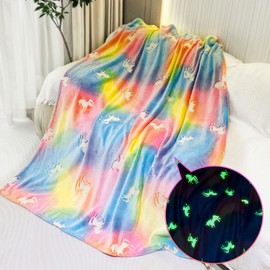 RAINBEAN Glow In The Dark Throw Blanket, Unicorn Blanket for Girls, Luminous Kids Blanket, Soft Blankets for 3-10 Year Old Girl Birthday ChristmasThanksgiving Day Gifts(200 * 150cm)