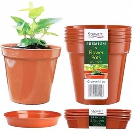 Home Fittings ® 5 x 4 Round Flower Pot with 5 Saucer 4-5 inch Terracotta Orange Classic Vintage Colour Recyclable Long Life Plastic Use in Garden and Home (5 Saucers 5 Pots)