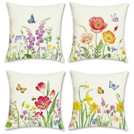 Bonhause Flower Cushion Covers 45 x 45 cm Garden Floral Butterfly Decorative Throw Pillow Covers Polyester Linen Pillowcases for Sofa Garden Patio Outdoor Decor Set of 4