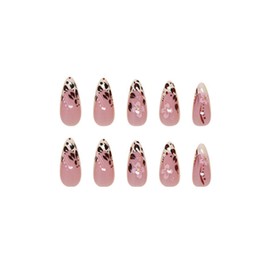 SINHOT Medium Press on Nails Almond Fake Nails Glossy Glue on Nails Leopard Print Acrylic Nails Pink Flower Stiletto Artificial Nails French Tip Stick on False Nails with Design 24 pcs