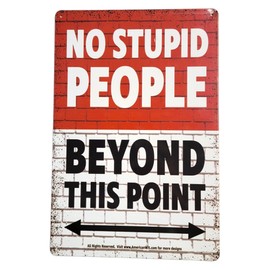 AMERICAN WIT 8" x 12" Vintage Metal Tin Sign - "NO Stupid People Beyond This Point" - Funny Brick Wall Red Warning Sign for Home, Office, or Man Cave Decor