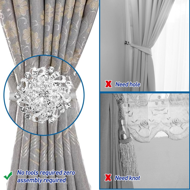 BOCHION Curtain Tie Backs, 2 Pack Sparkling Magnetic Curtain Tiebacks,