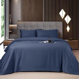 Shilucheng Bamboo Sheets Set 4/6 Pc, Cooling Breathable & Hotel Luxury Super Silky Soft, 16-18" Deep Pocket, Wrinkle, Fade Resistant Springtok:_Bamboo-Navy Blue_King_4PC