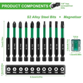 BAKESHU 70 mm Long Screwdriver Bit Set, Ph1 Ph2 Ph3 Pz1 Pz2 Pz3 T10 T20 T25 T30 Magnetic Head Bit Set with a Magnetizer, 1/4 Inch Hex Shank