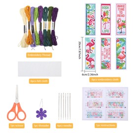 ORIGACH 6 Pcs Cross Stitch Bookmark Kit for Beginner Flamingo Bird Pattern Stamped Embroidery Stitch Kits for Starter DIY Bookmarks Printed Cross Stitch Kits for Book Lovers