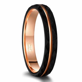 Frank S.Burton 4mm Tungsten Carbide Wedding Ring Band for Men Women Hammer Faceted Black & Rose Gold Engagement Rings Comfort Fit Size 7