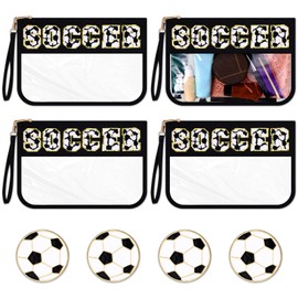 Shinylin 4 Pcs Soccer Bags Gifts Chenille Letter Makeup Bags with 4 Pins Preppy Clear Soccer Cosmetic Bag Waterproof Zipper Pouch Christmas Soccer Accessories for Girls Soccer Mom Player Lover Coach