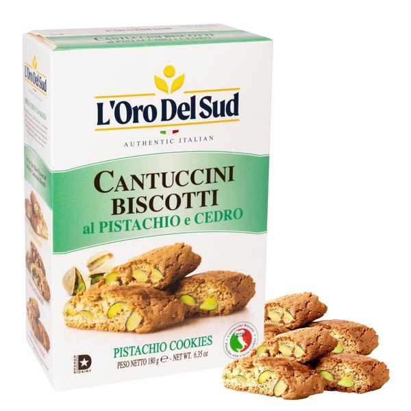 Biscotti de pistacho y cedro, Cantuccini d'Abruzzo, galletas italianas hechas con ingredientes de calidad real, 180 G, 6 onzas, L'Oro del Sud. Galletas gourmet