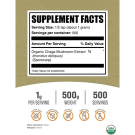 BulkSupplements.com Organic Chaga Mushroom Extract Powder - Organic Chaga Powder, Mushroom Supplement - Gluten Free, 1g per Serving, 500g (1.1 lbs) (Pack of 1)