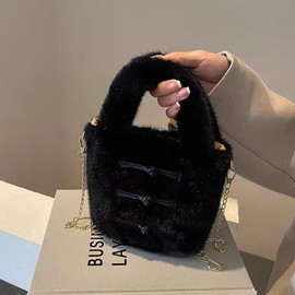 Pandalein Women's Faux Fur Mini Tote Bag, Winter Bag, Fluffy Bucket Bag, Plush Handbag, Fur Shoulder Bag, Cute Plush Bag, Handbag with Chain, black