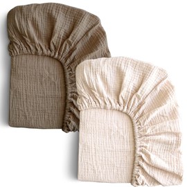 COSMOPLUS-Muslin-Crib-Sheets-for-Girls-Boys-Neutral-Baby,2 Pack Boho Crib Matress Sheet,Fitted Crib Sheet for Standard Crib Mattress & Toddler Bed Mattress,Organic Cotton,Ivory & Iced Coffee