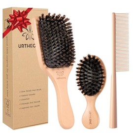 URTHEONE Juego de cepillos de pelo de cerdas de jabalí puro con peine de dientes anchos, kit de desenredado de madera de haya natural para controlar e