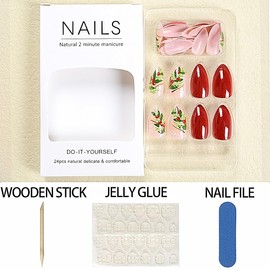 Christmas Press On Nails Short Almond Glue On Nails With Holly Gold Foil Flower Design Fake Nails Full Cover Glossy Acrylic Nails Reusable Stick On Nails For Women Girls Nail Art Decoration 24Pcs