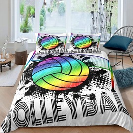 Volleyball Ball Duvet Set 135 x 200 cm Volleyball Games Sports Bedding Set for Boys Girls Boys Men Black Splashes Tie Dye Comforter Cover Rainbow Ball Net Duvet Cover