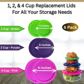 Klare Ware 1, 2 & 4 Cup Replacement Lids/Covers for Pyrex, Anchor Hocking & KlareWare Storage Bowls *Lids Only - Glass Container Not Included* (6 Pack *Two of Each Size*, Spring Green, Purple, Pink)
