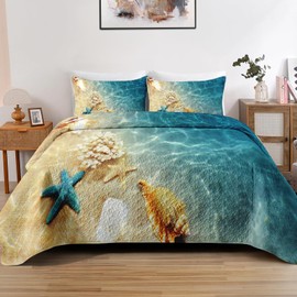 Pamnest Quilt Set Twin Size, Summer Beach Seashell 2 Pcs Soft Bed Cover Bedding Set for Kids and Adults, Blue Ocean Sea Shell Lightweight Bedspread Coverlet with Pillow Sham for All Season