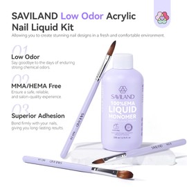 SAVILAND Advanced Acrylic Liquid with Acrylic Brushes Kit: 200 ml Low Odor Acrylic Monomer Liquid EMA Nail Monomer Liquid with 3 PCS Premium Acrylic Brushes Size (8/10/14) for Acrylic Nail Extension